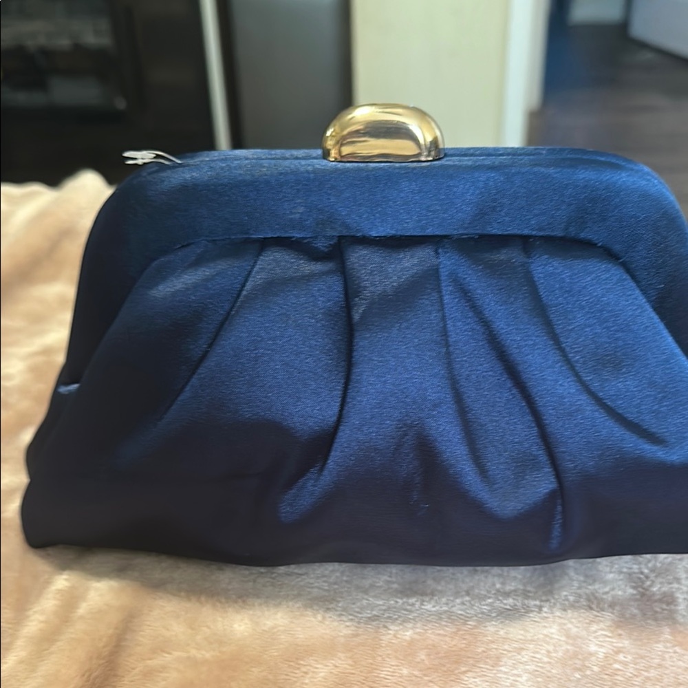 Navy Blue Satin Clutch with Gold Clasp